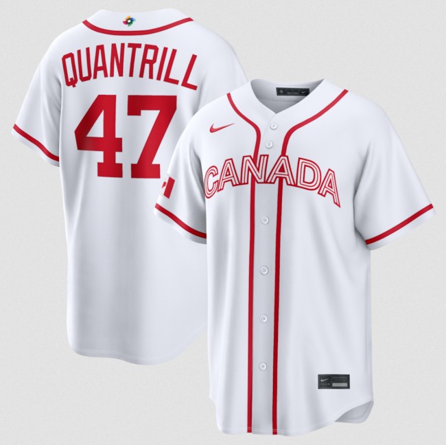 Men's Canada Baseball #47 Cal Quantrill White 2026 World Baseball Classic Home Stadium Stitched Jersey