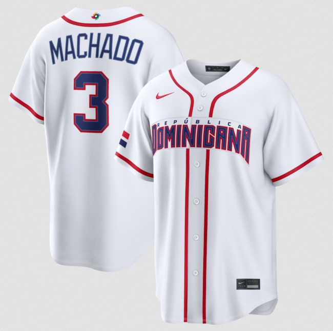 Men's Dominican Republic Baseball #3 Manny Machado White 2026 World Baseball Classic Home Stadium Stitched Jersey
