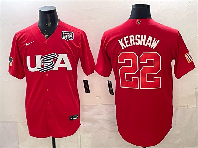 Men's USA Baseball #22 Clayton Kershaw Red 2026 World Baseball Classic USA 250' Patch Stadium Stitched Jersey