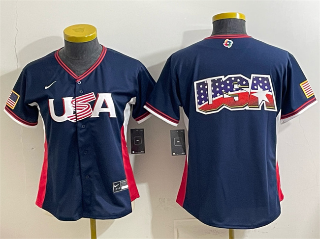 Women's USA Baseball Navy 2026 World Baseball Classic Big Logo Stadium Stitched Baseball Jerseys(Run Small)