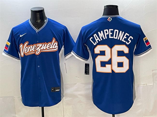 Men's Venezuela Baseball #26 Campeones Royal 2026 World Baseball Classic Road Stadium Stitched Jersey