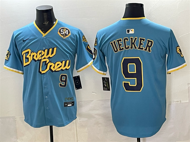 Men's Milwaukee Brewers #9 Bob Uecker Powder Blue City Connect With Home & Bob Uecker Patch Limited Stitched Baseball Jersey