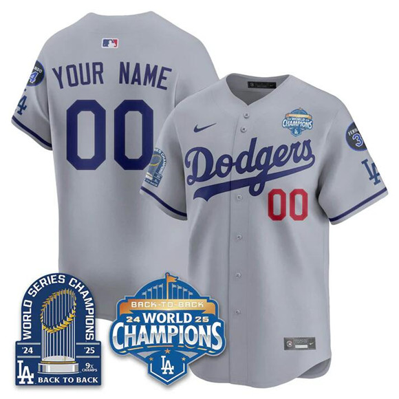 Men's Los Angeles Dodgers ACTIVE PLAYER Custom Gray 2025 World Series Champions 9x Champs Patch Vapor Limited Stitched Baseball Jersey