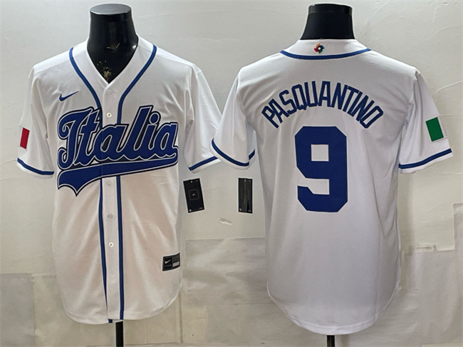 Men's Italy Baseball #9 Vinnie Pasquantino White 2026 World Baseball Classic Home Stadium Stitched Jersey