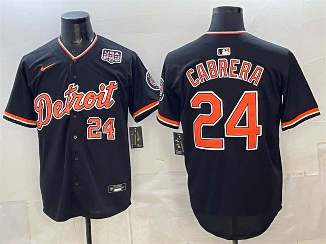 Men's Detroit Tigers #24 Miguel Cabrera Black 2026 Alternate USA 250' Patch Vapor Premier Limited Stitched Baseball Jersey