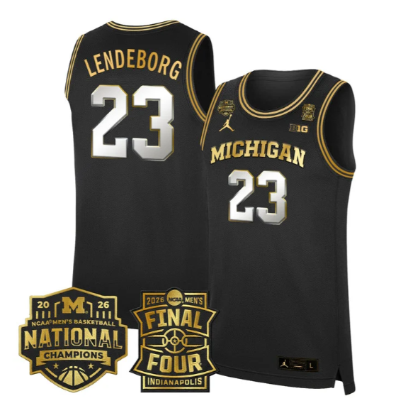 Men's Michigan Wolverines #23 Yaxel Lendeborg Black Gold 2025-26 Final Four & National Champions Patch Stitched Basketball Jersey