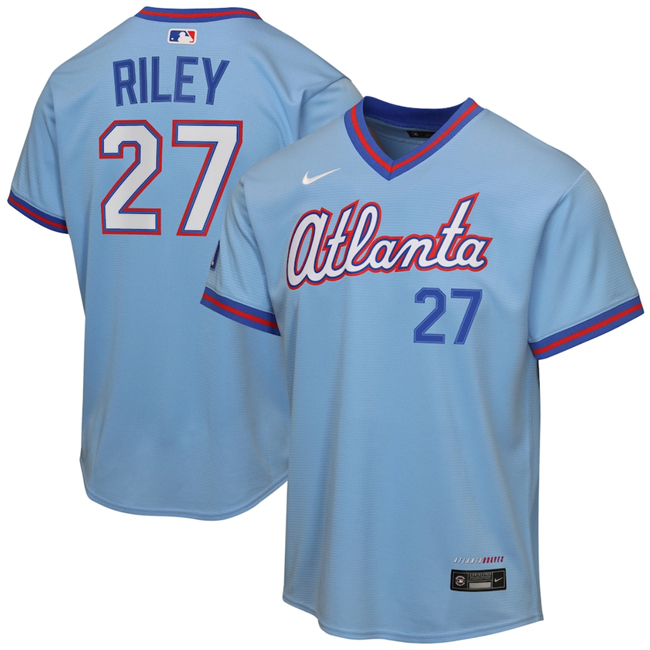 Youth Atlanta Braves #27 Austin Riley Powder Blue 2026 City Connect Stadium Stitched Baseball Jersey
