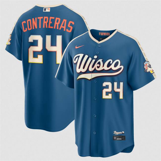 Men's Milwaukee Brewers #24 William Contreras Mineral Blue 2026 City Connect Stadium Stitched Baseball Jersey