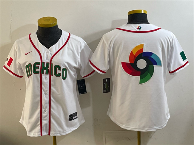 Women's Mexico Baseball White 2026 World Baseball Classic Big Logo Home Stadium Stitched Baseball Jerseys(Run Small)