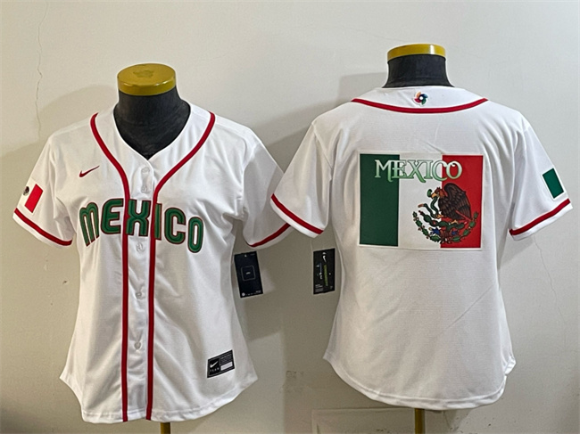 Women's Mexico Baseball White 2026 World Baseball Classic Big Logo Home Stadium Stitched Baseball Jersey(Run Small)