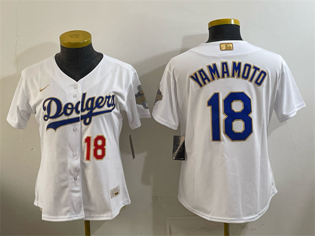 Women's Los Angeles Dodgers #18 Yoshinobu Yamamoto White 2026 Gold Collection Stadium Stitched Baseball Jersey(Run Small)