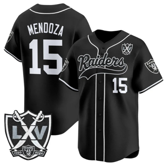 Men's Las Vegas Raiders #15 Fernando Mendoza Black 65th Anniversary Patch Vapor Stitched Baseball Jersey