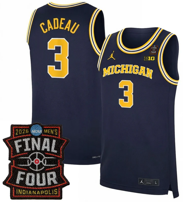 Men's Michigan Wolverines #3 Elliot Cadeau Navy 2025-26 With Final Four Patch Stitched Basketball Jersey