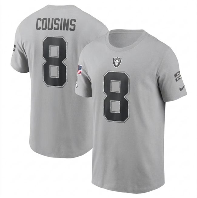 Men's Las Vegas Raiders #8 Kirk Cousins 2024 Grey Salute To Service Name & Number T-Shirt