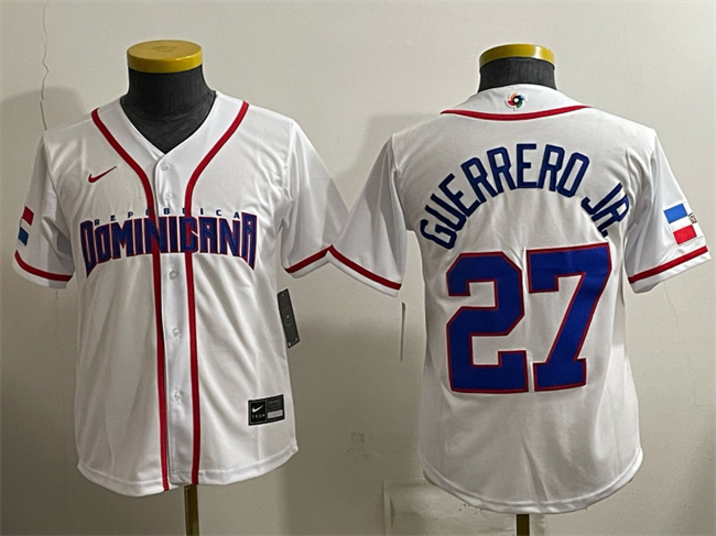 Youth Dominican Republic Baseball #27 Vladimir Guerrero Jr. White 2026 World Baseball Classic Home Stadium Stitched Baseball Jersey