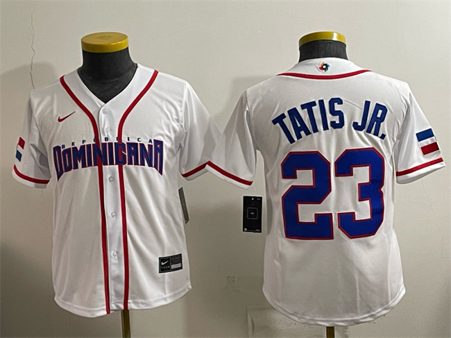 Women's Dominican Republic Baseball #23 Fernando Tatis Jr. White 2026 World Baseball Classic Home Stadium Stitched Baseball Jersey(Run Small)