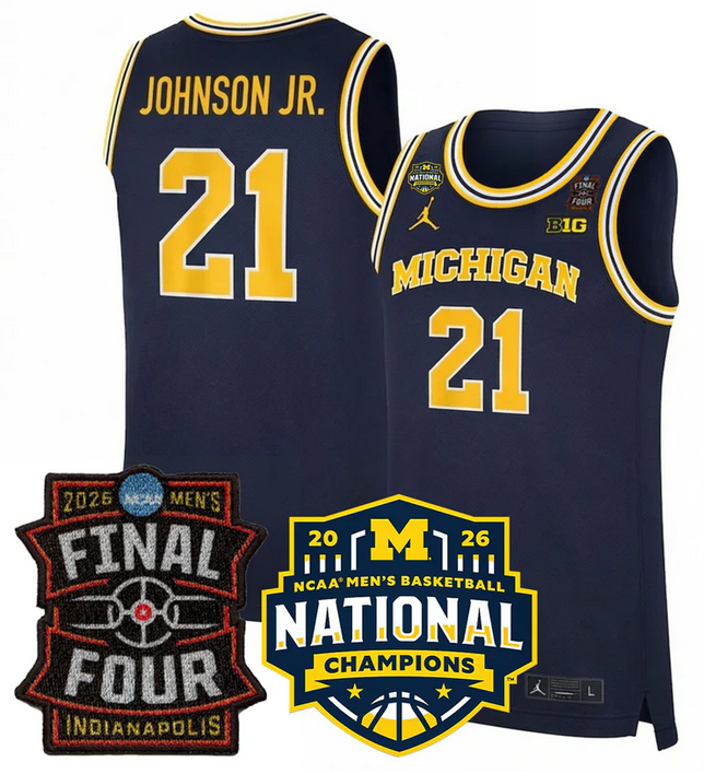 Men's Michigan Wolverines #21 Morez Johnson Jr. Navy 2025-26 Final Four & National Champions Patch Stitched Basketball Jersey