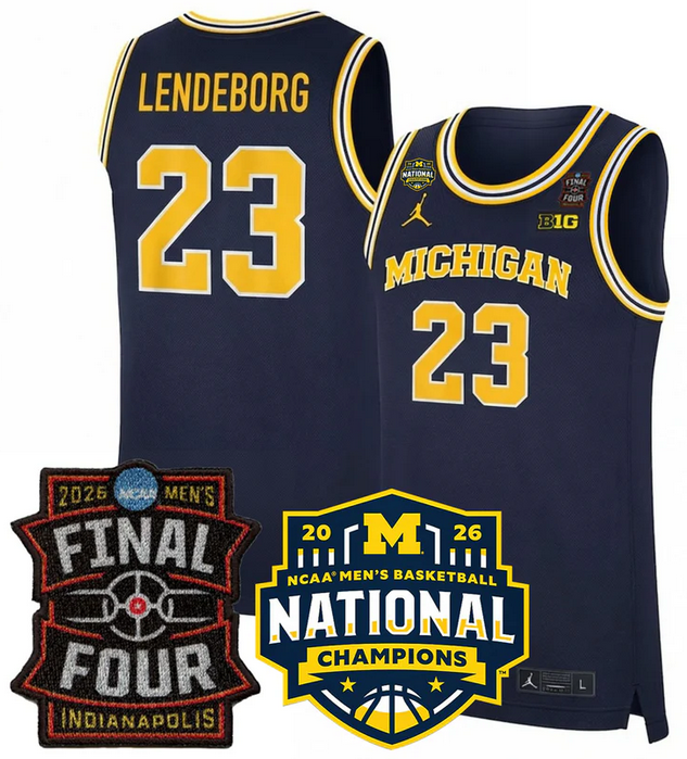 Men's Michigan Wolverines #23 Yaxel Lendeborg Navy 2025-26 Final Four & National Champions Patch Stitched Basketball Jersey