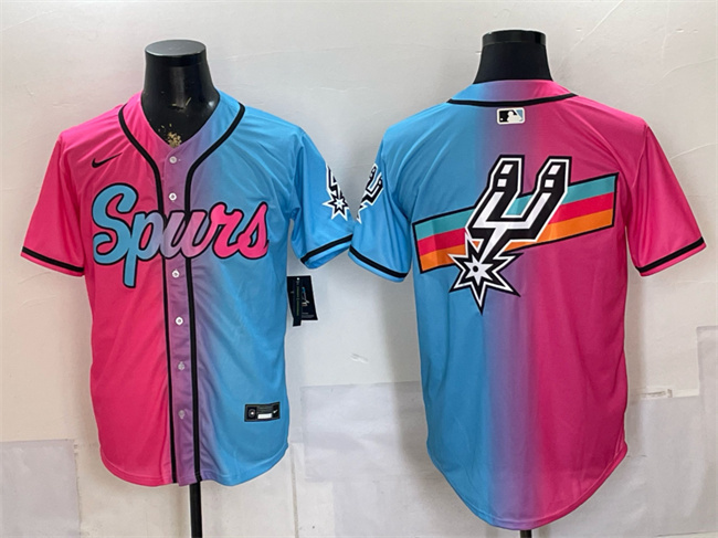 Men's San Antonio Spurs Team Big Logo Pink Blue Limited Stitched Baseball Jersey