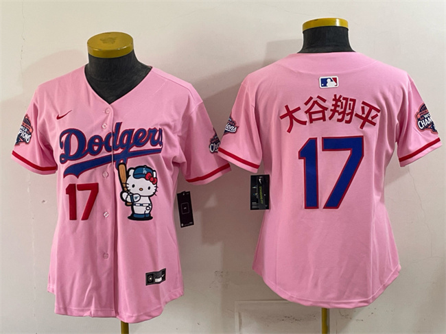 Women's Los Angeles Dodgers #17 大谷翔平 Pink Hello Kitty Night 2025 World Series Champions Patch Stitched Baseball Jersey(Run Small)