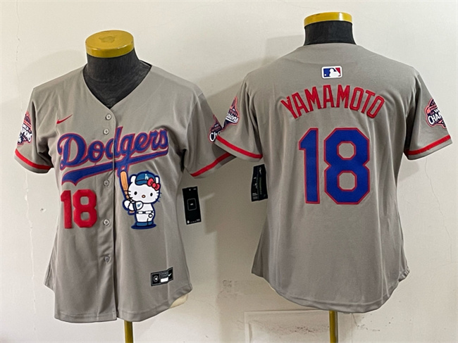 Women's Los Angeles Dodgers #18 Yoshinobu Yamamoto Grey Hello Kitty Night 2025 World Series Champions Patch Stitched Baseball Jersey(Run Small)