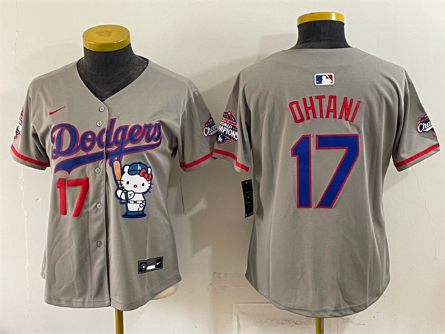 Women's Los Angeles Dodgers #17 Shohei Ohtani Grey Hello Kitty Night 2025 World Series Champions Patch Stitched Baseball Jersey(Run Small)