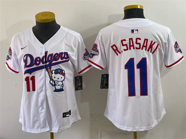 Women's Los Angeles Dodgers #11 Roki Sasaki White Hello Kitty Night 2025 World Series Champions Patch Stitched Baseball Jersey(Run Small)