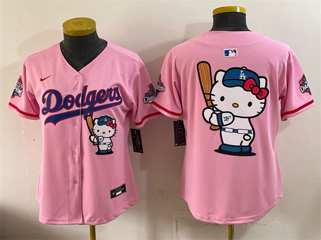 Women's Los Angeles Dodgers Team Big Logo Pink Hello Kitty Night 2025 World Series Champions Patch Stitched Baseball Jersey(Run Small)
