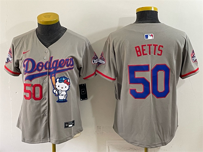 Youth Los Angeles Dodgers #50 Mookie Betts Grey Hello Kitty Night 2025 World Series Champions Patch Stitched Baseball Jersey