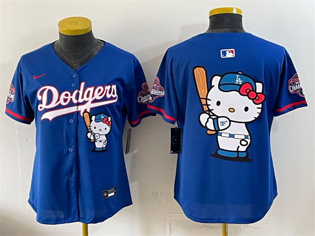Youth Los Angeles Dodgers Team Big Logo Royal Hello Kitty Night 2025 World Series Champions Patch Stitched Baseball Jersey
