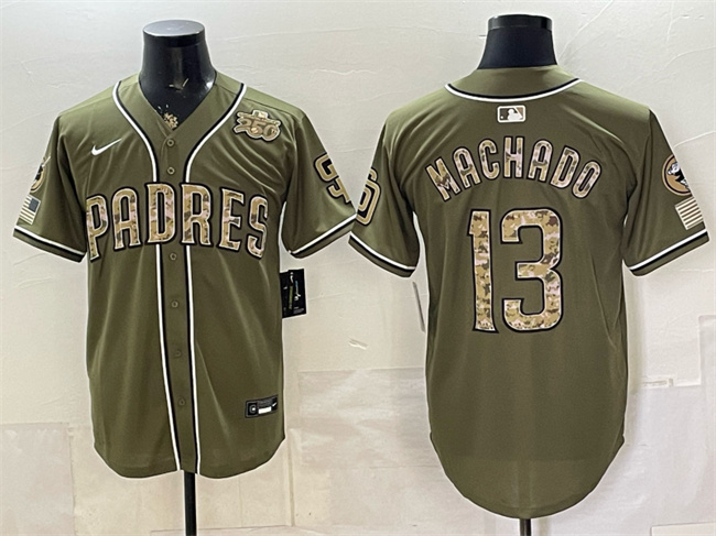 Men's San Diego Padres #13 Manny Machado Olive 2026 Armed Forces Day Stitched Baseball Jersey