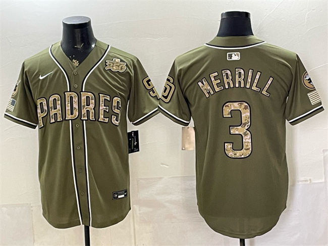 Men's San Diego Padres #3 Jackson Merrill Olive 2026 Armed Forces Day Stitched Baseball Jersey