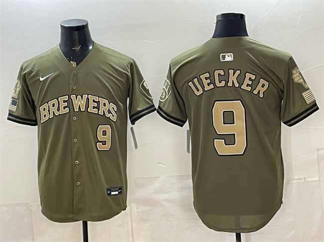 Men's Milwaukee Brewers #9 Bob Uecker Olive 2026 Armed Forces Day Stitched Baseball Jersey