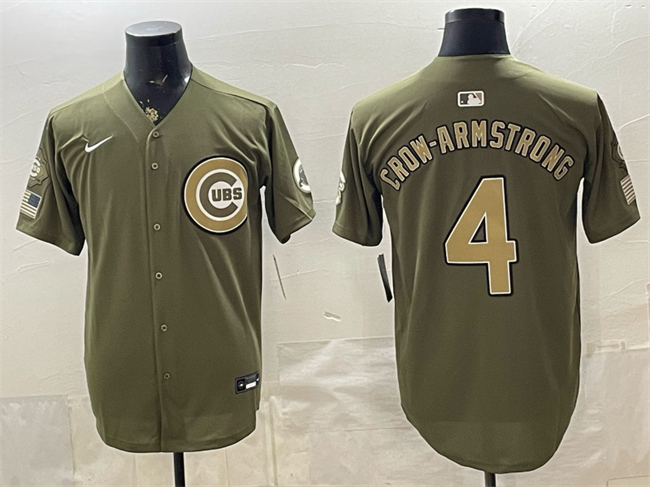 Men's Chicago Cubs #4 Pete Crow-Armstrong Olive 2026 Armed Forces Day Stitched Baseball Jersey