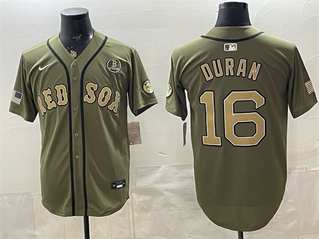 Men's Boston Red Sox #16 Jarren Duran Olive Armed Forces Day Cool Base Stitched Baseball Jersey