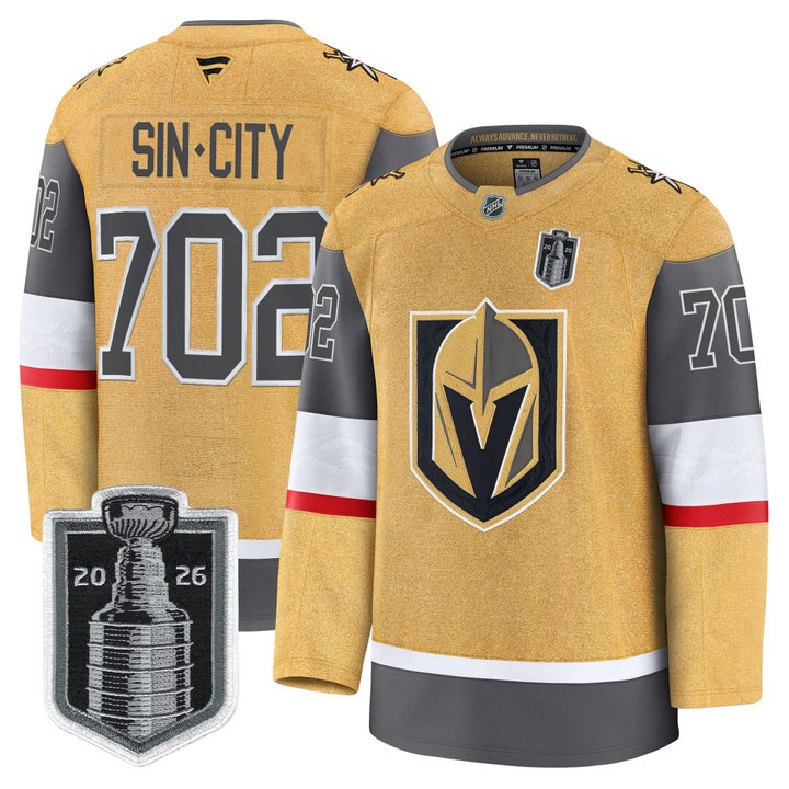 Men's Vegas Golden Knights #702 SinCity Gold 2026 Stanley Cup Final Patch Home Stitched Hockey Jersey
