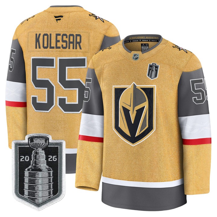 Men's Vegas Golden Knights #55 Keegan Kolesar Gold 2026 Stanley Cup Final Patch Home Stitched Hockey Jersey