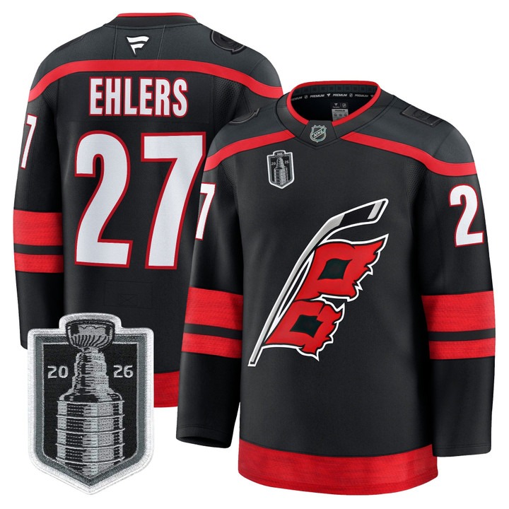 Men's Carolina Hurricanes #27 Nikolaj Ehlers Black 2026 Stanley Cup Final Home Premium Hockey Stitched Jersey