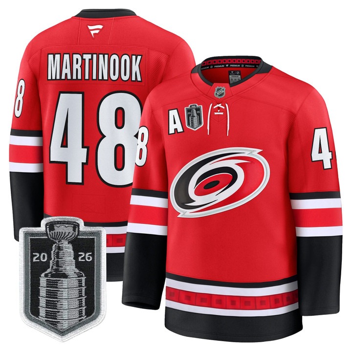 Men's Carolina Hurricanes #48 Jordan Martinook Red 2026 Stanley Cup Final Home Premium Hockey Stitched Jersey