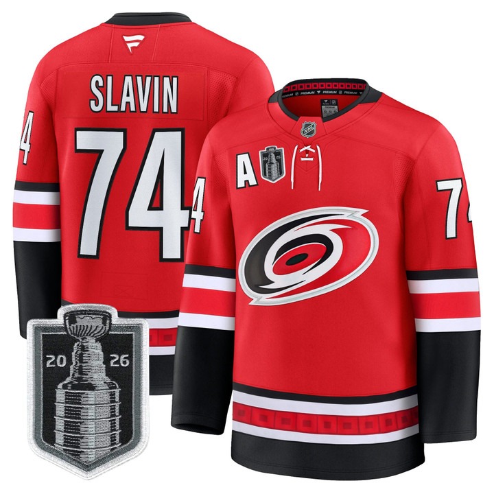Men's Carolina Hurricanes #74 Jaccob Slavin Red 2026 Stanley Cup Final Home Premium Hockey Stitched Jersey