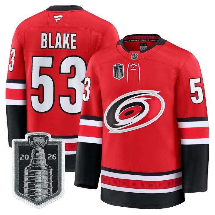 Men's Carolina Hurricanes #53 Jackson Blake Red 2026 Stanley Cup Final Home Premium Hockey Stitched Jersey