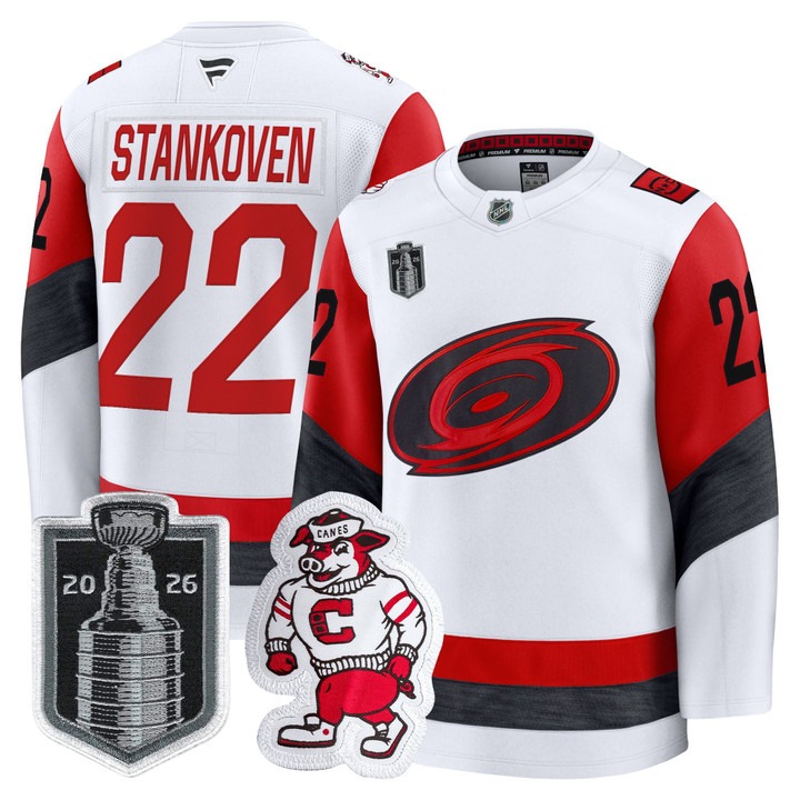 Men's Carolina Hurricanes #22 Logan Stankoven White 2026 Stanley Cup Final Home Premium Hockey Stitched Jersey