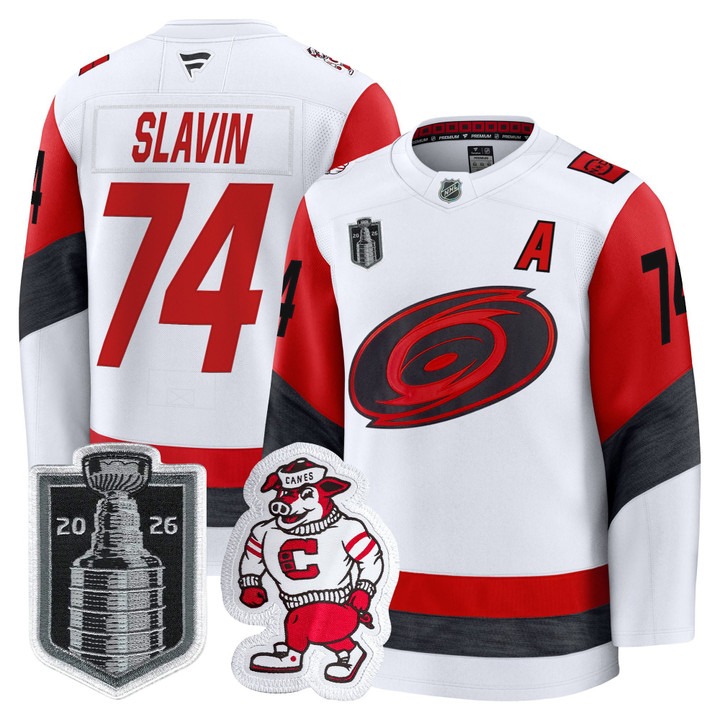 Men's Carolina Hurricanes #74 Jaccob Slavin White 2026 Stanley Cup Final Home Premium Hockey Stitched Jersey