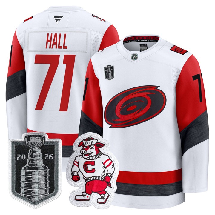 Men's Carolina Hurricanes #71 Taylor Hall White 2026 Stanley Cup Final Home Premium Hockey Stitched Jersey