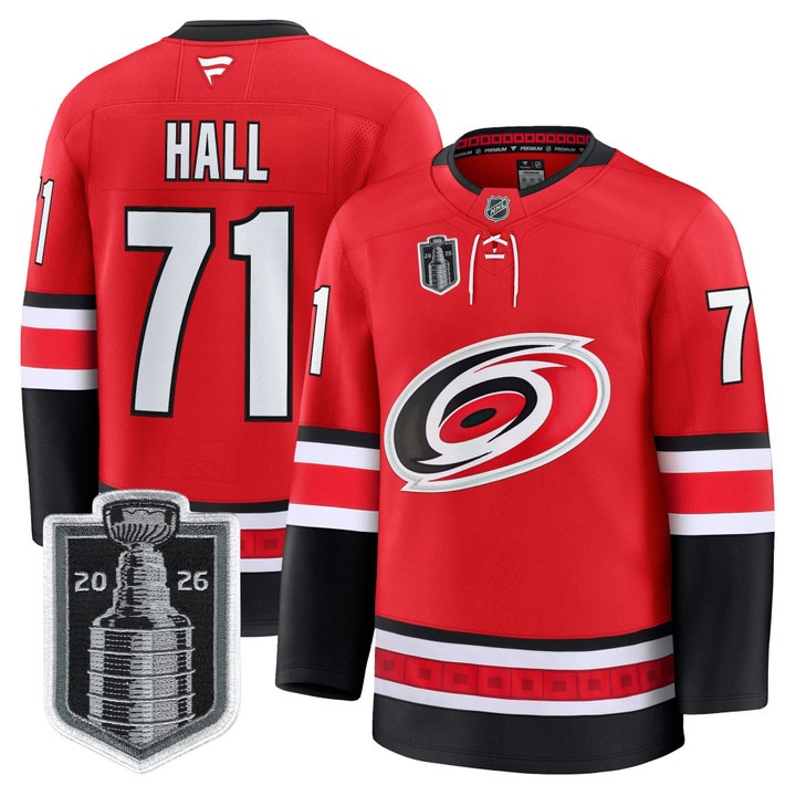 Men's Carolina Hurricanes #71 Taylor Hall Red 2026 Stanley Cup Final Home Premium Hockey Stitched Jersey