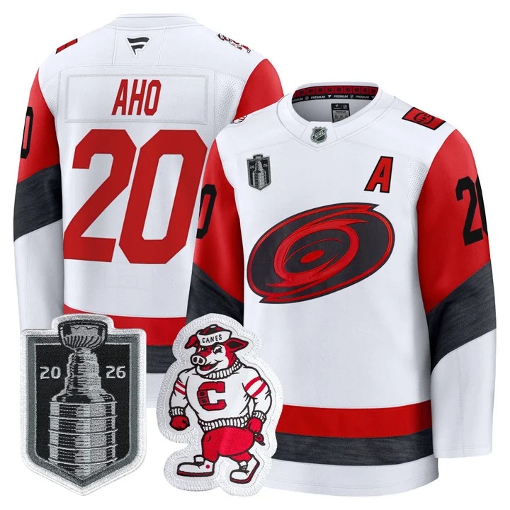 Men's Carolina Hurricanes #20 Sebastian Aho White 2026 Stanley Cup Final Home Premium Hockey Stitched Jersey
