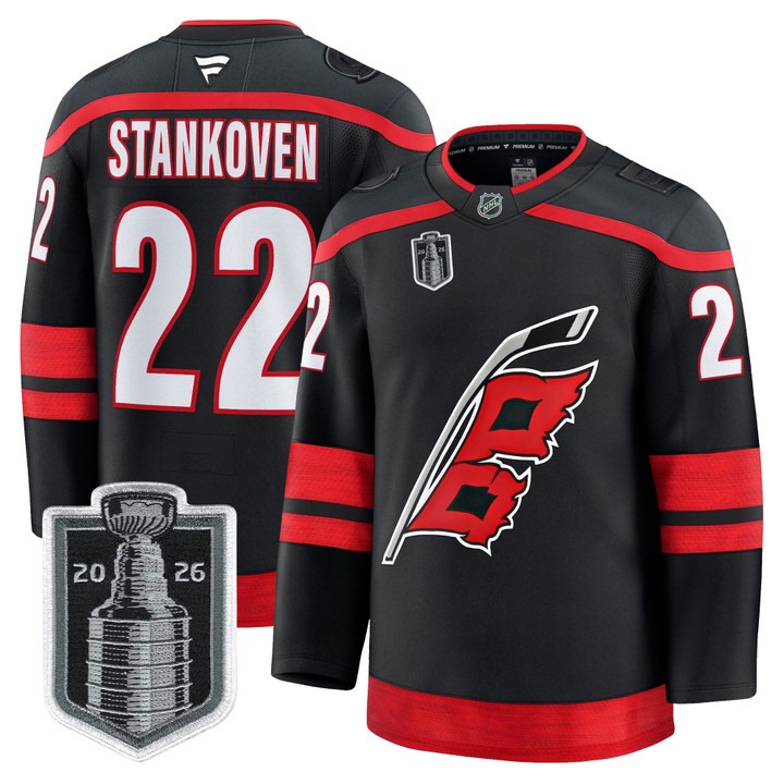 Men's Carolina Hurricanes #22 Logan Stankoven Black 2026 Stanley Cup Final Home Premium Hockey Stitched Jersey
