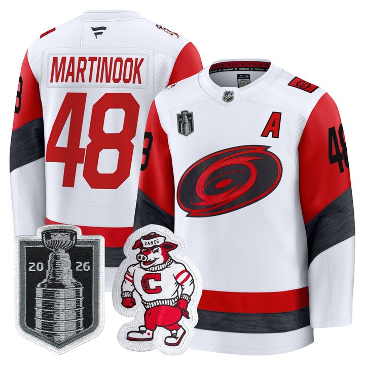 Men's Carolina Hurricanes #48 Jordan Martinook White 2026 Stanley Cup Final Home Premium Hockey Stitched Jersey