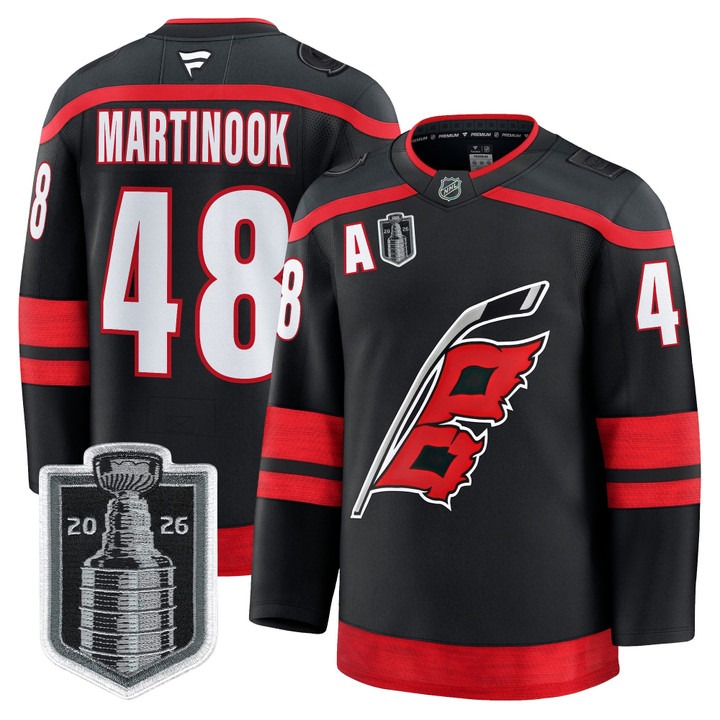 Men's Carolina Hurricanes #48 Jordan Martinook Black 2026 Stanley Cup Final Home Premium Hockey Stitched Jersey