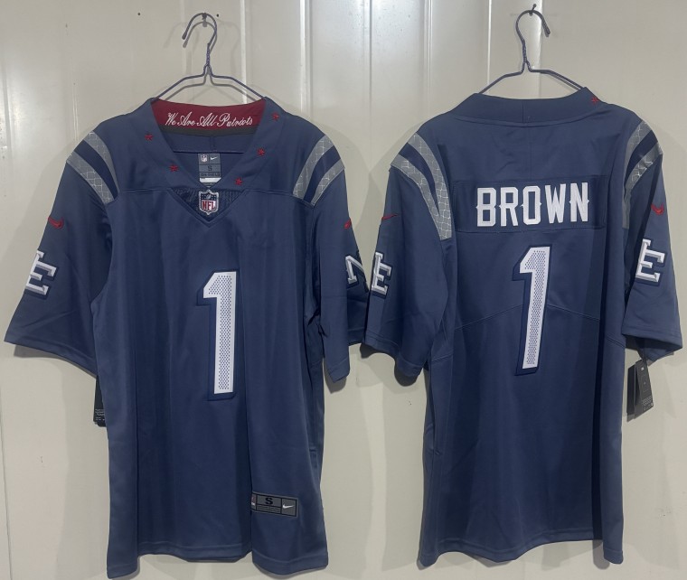 Men's New England Patriots #1 A.J. Brown Blue 2025 F.U.S.E. “Rivalries” Vapor Limited Stitched Football Jersey